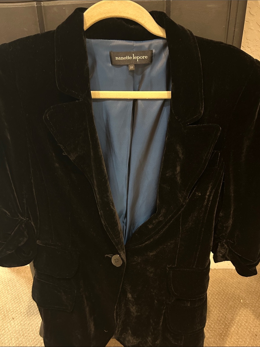 Nanette Lepore Black Velvet Blazer with Blue Lining